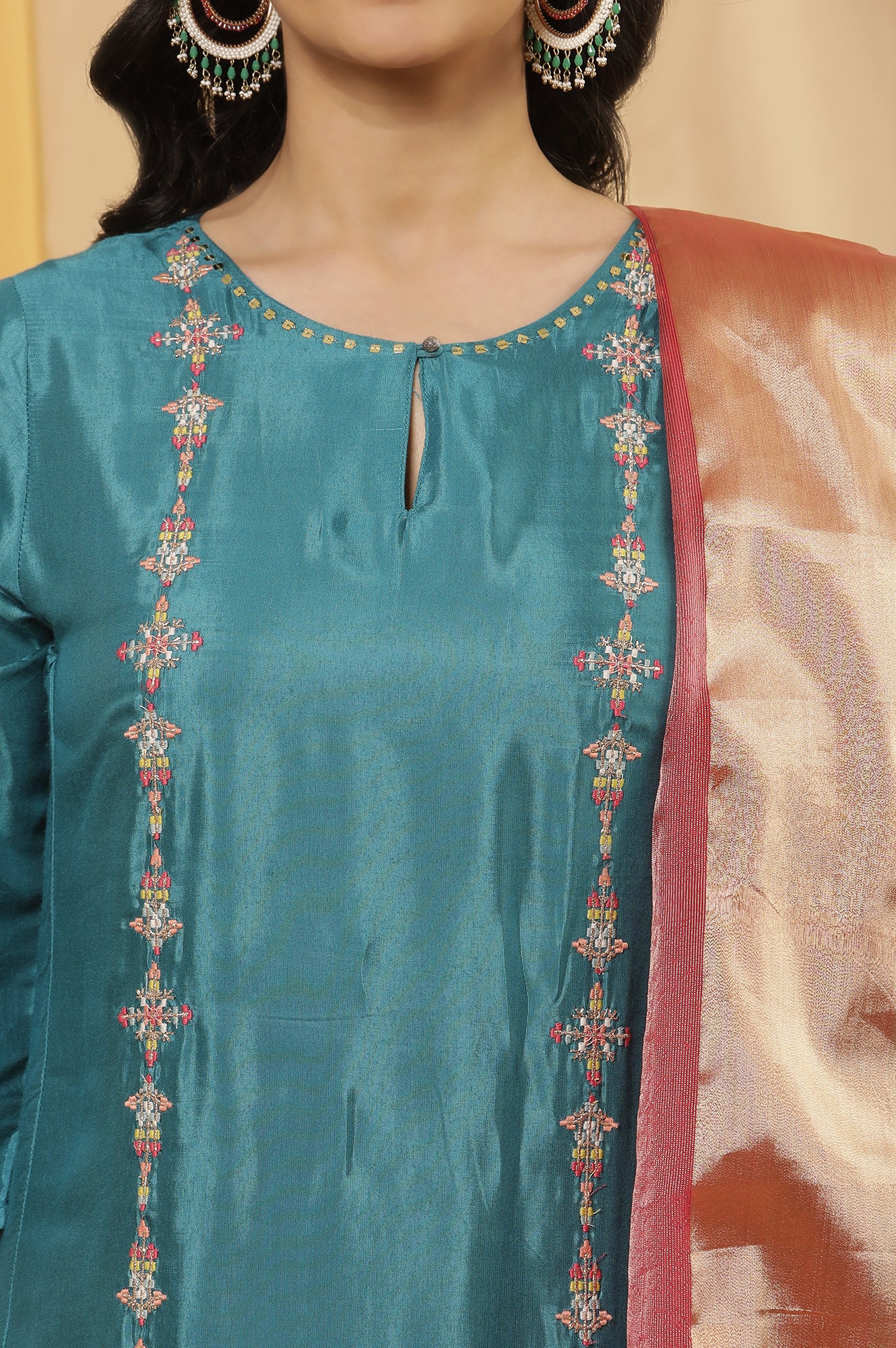 Teal Embroidered Front Slit Kurta, Pink Culottes And Dupatta Set