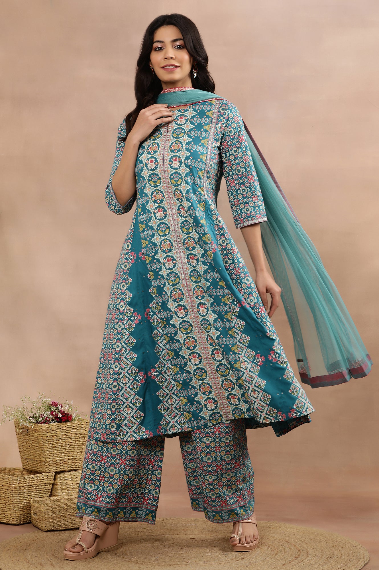 Blue Printed A-Line Kurta, Parallel Pants And Dupatta Set