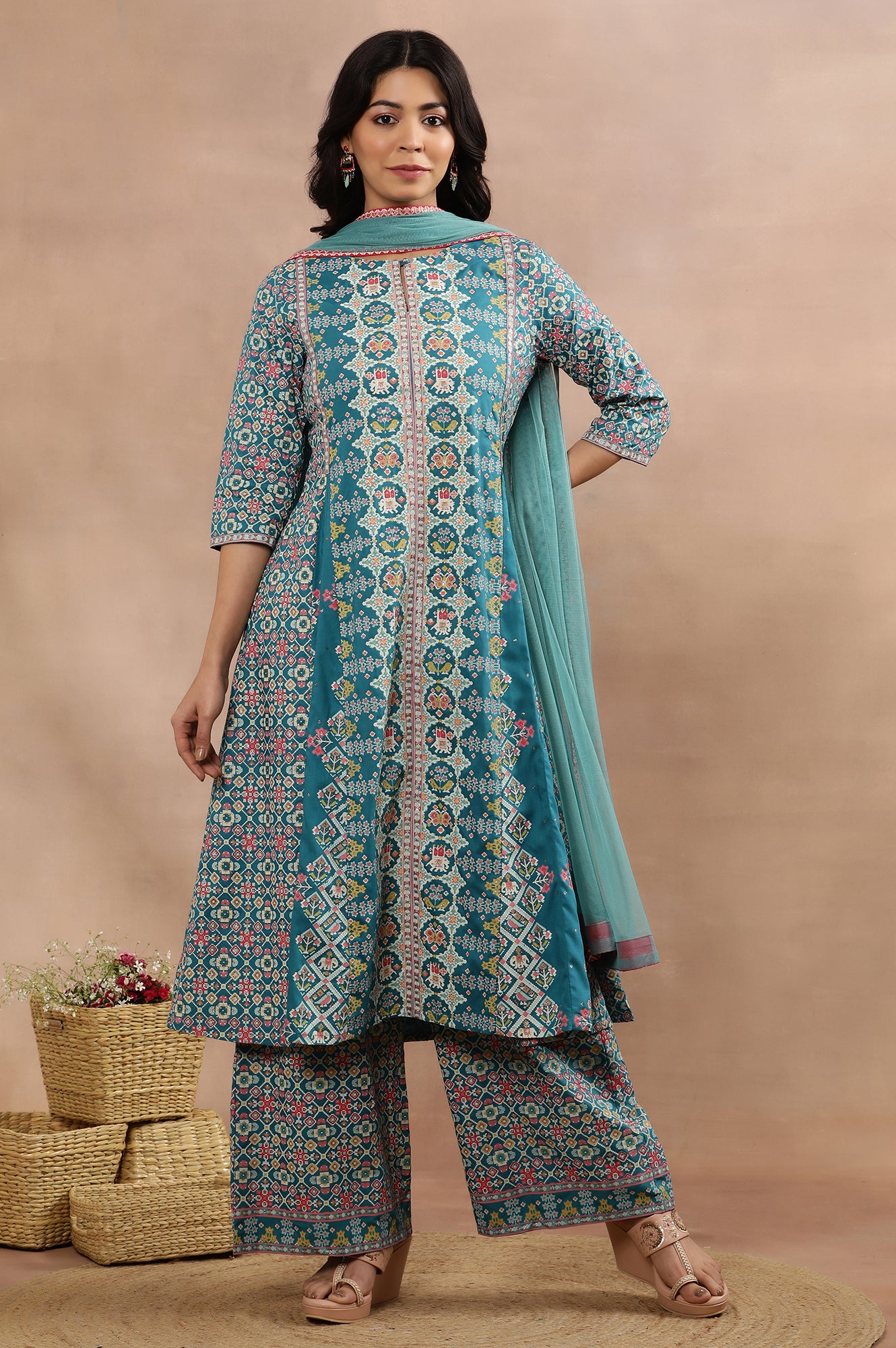 Blue Printed A-Line Kurta, Parallel Pants And Dupatta Set