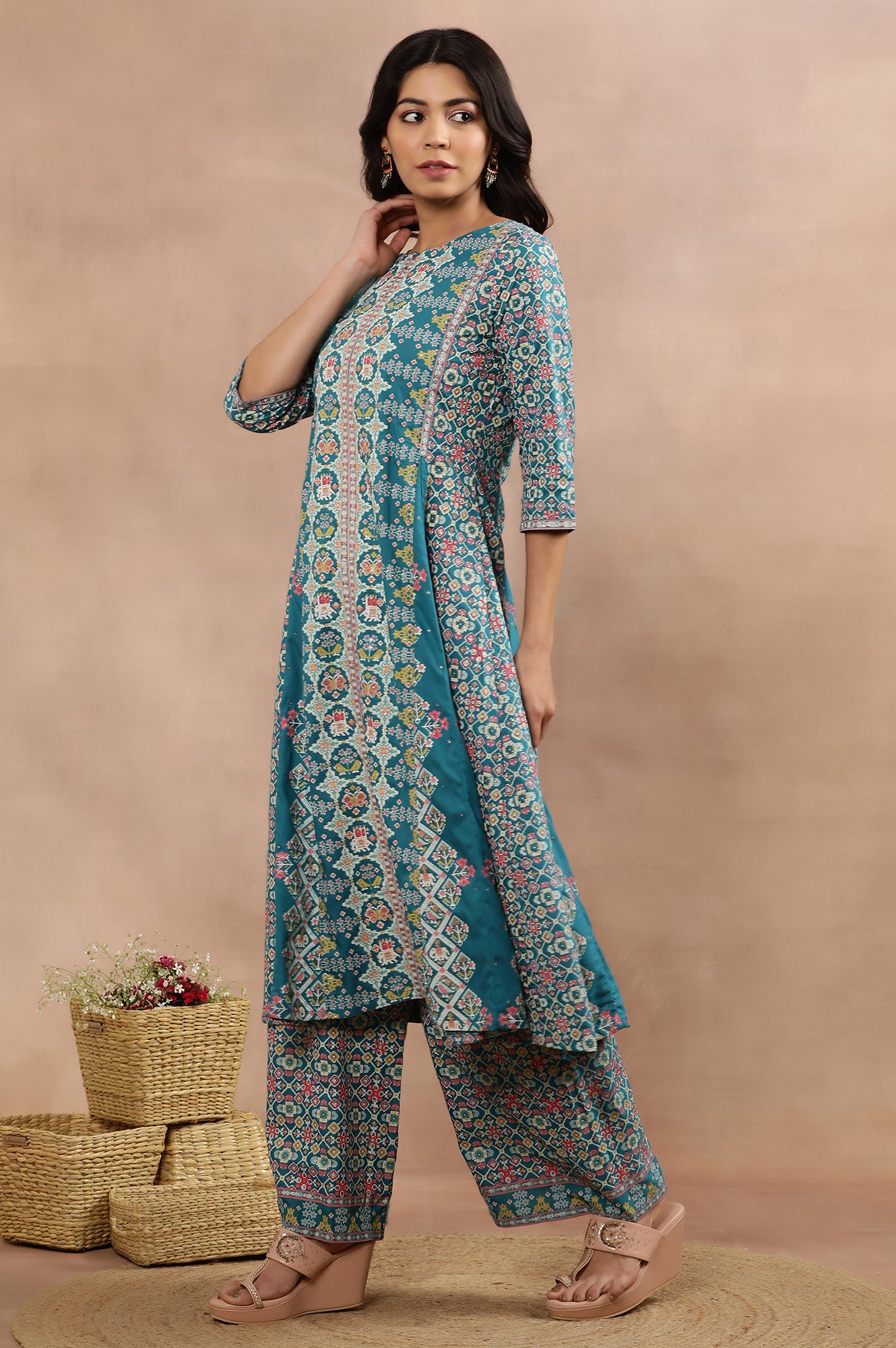 Blue Printed A-Line Kurta, Parallel Pants And Dupatta Set