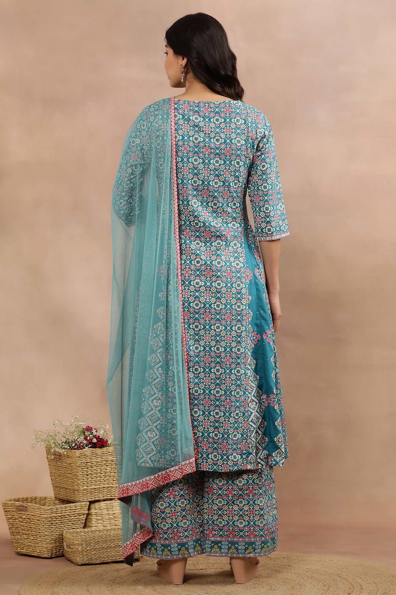 Blue Printed A-Line Kurta, Parallel Pants And Dupatta Set