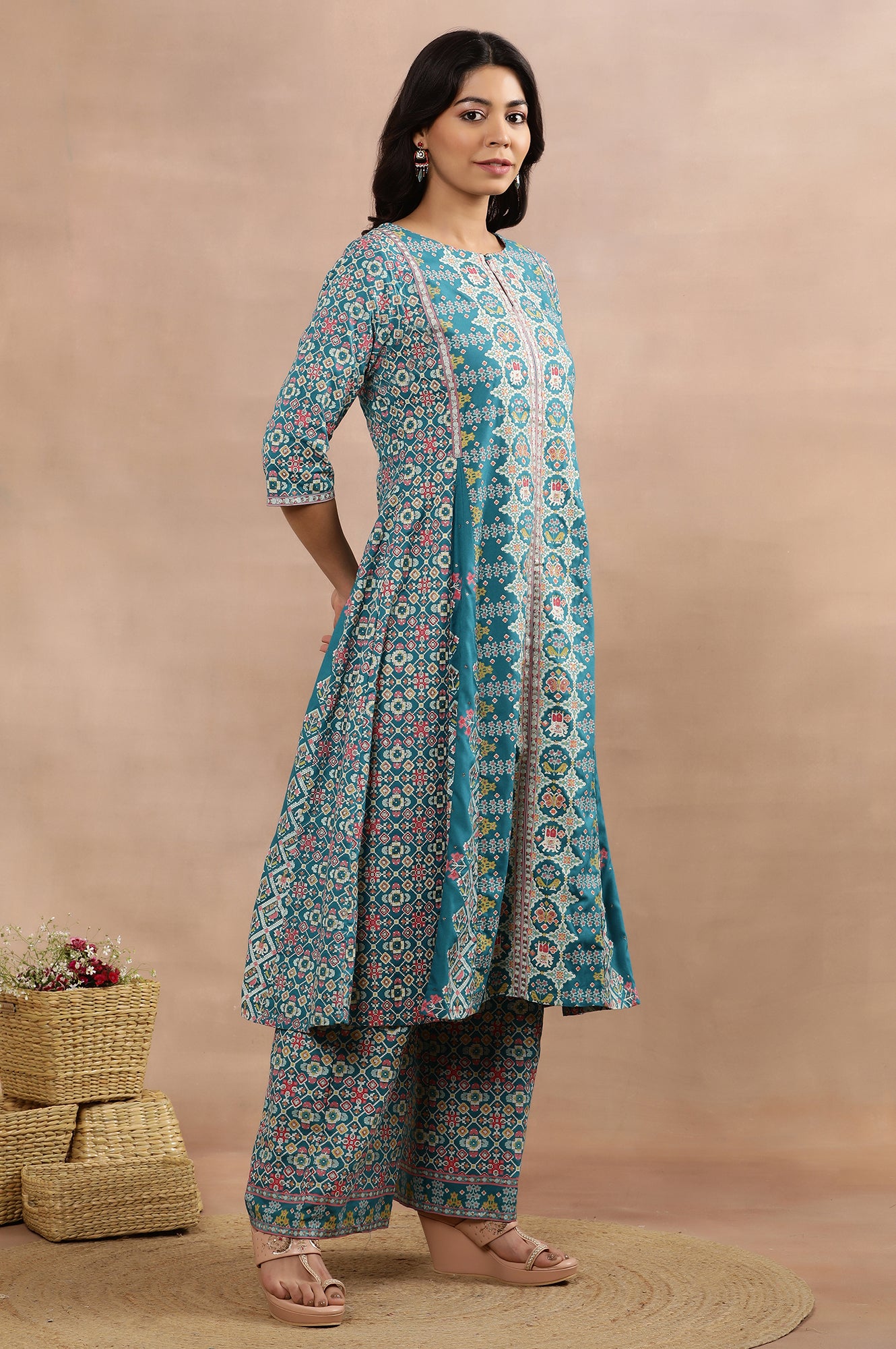 Blue Printed A-Line Kurta, Parallel Pants And Dupatta Set