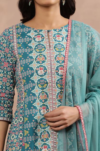 Blue Printed A-Line Kurta, Parallel Pants And Dupatta Set