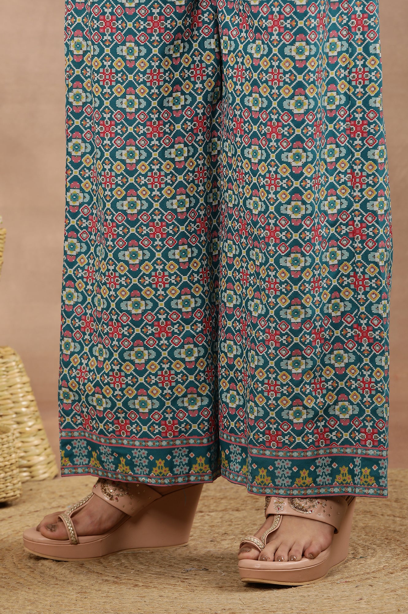 Blue Printed A-Line Kurta, Parallel Pants And Dupatta Set