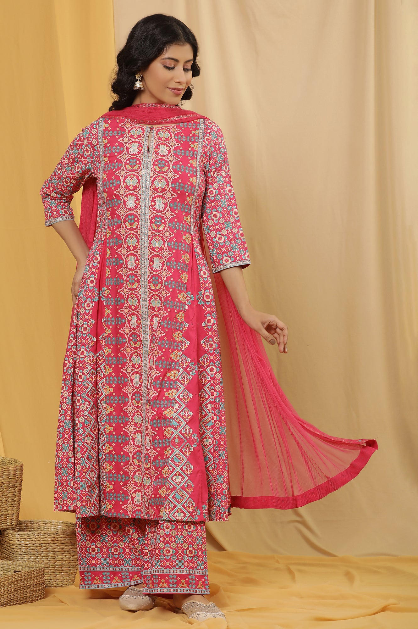 Pink Printed A-Line Kurta, Parallel Pants And Dupatta Set