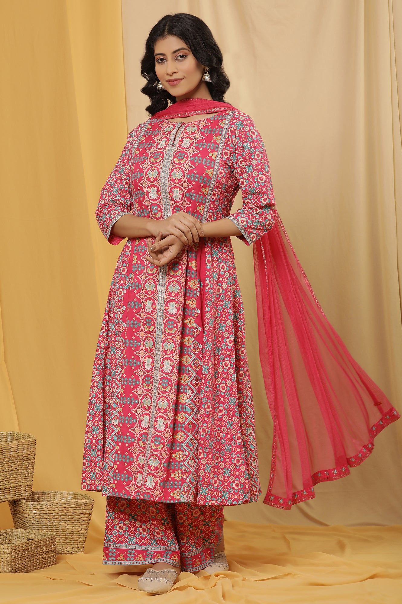 Pink Printed A-Line Kurta, Parallel Pants And Dupatta Set