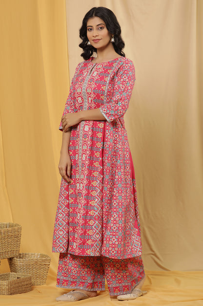 Pink Printed A-Line Kurta, Parallel Pants And Dupatta Set