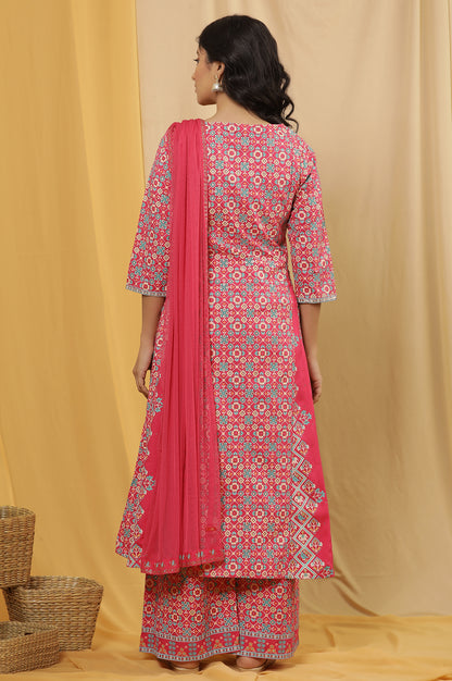 Pink Printed A-Line Kurta, Parallel Pants And Dupatta Set