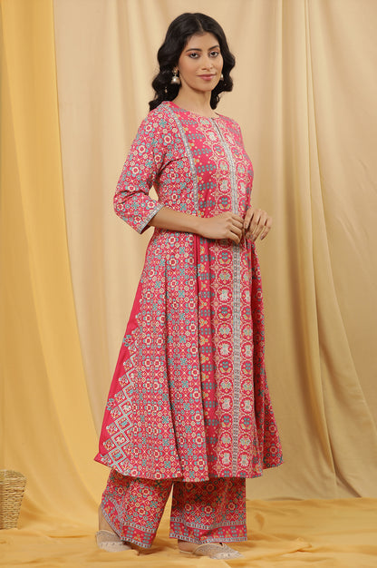 Pink Printed A-Line Kurta, Parallel Pants And Dupatta Set