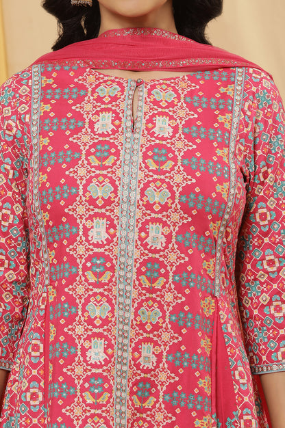 Pink Printed A-Line Kurta, Parallel Pants And Dupatta Set