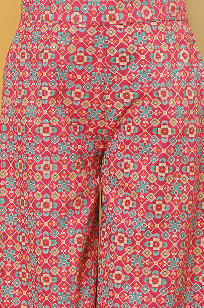 Pink Printed A-Line Kurta, Parallel Pants And Dupatta Set