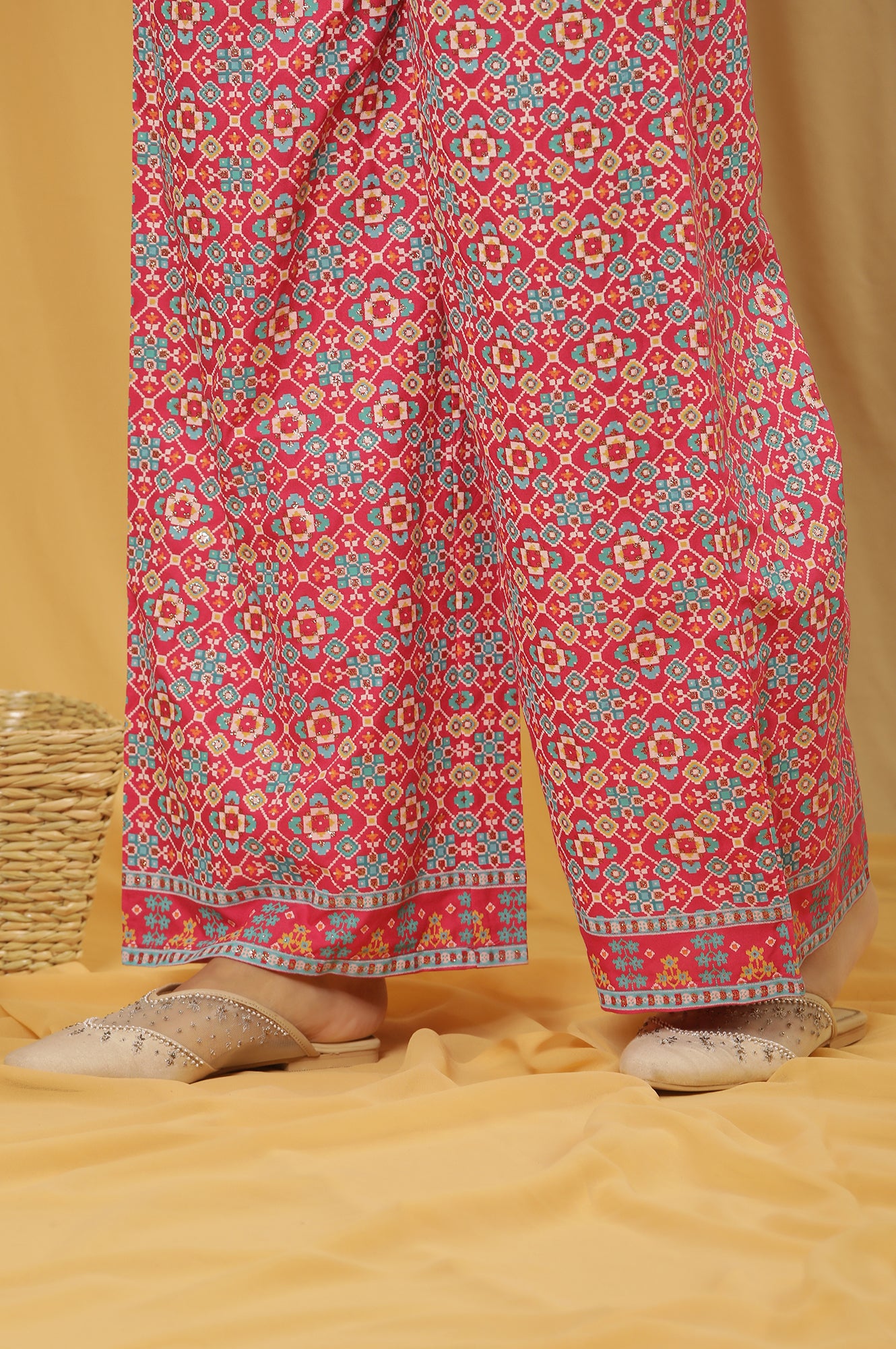 Pink Printed A-Line Kurta, Parallel Pants And Dupatta Set