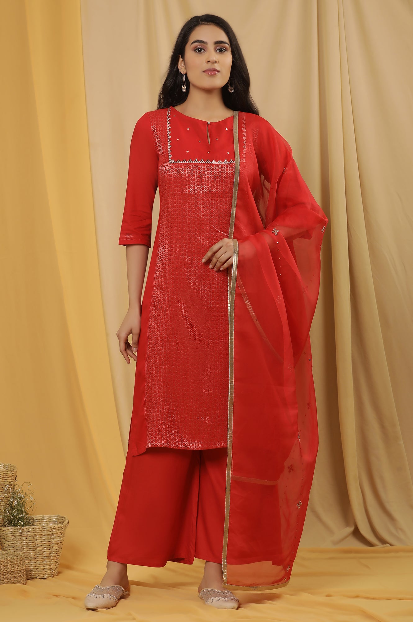 Red Dobby Embroidered Kurta, Pants And Dupatta Set