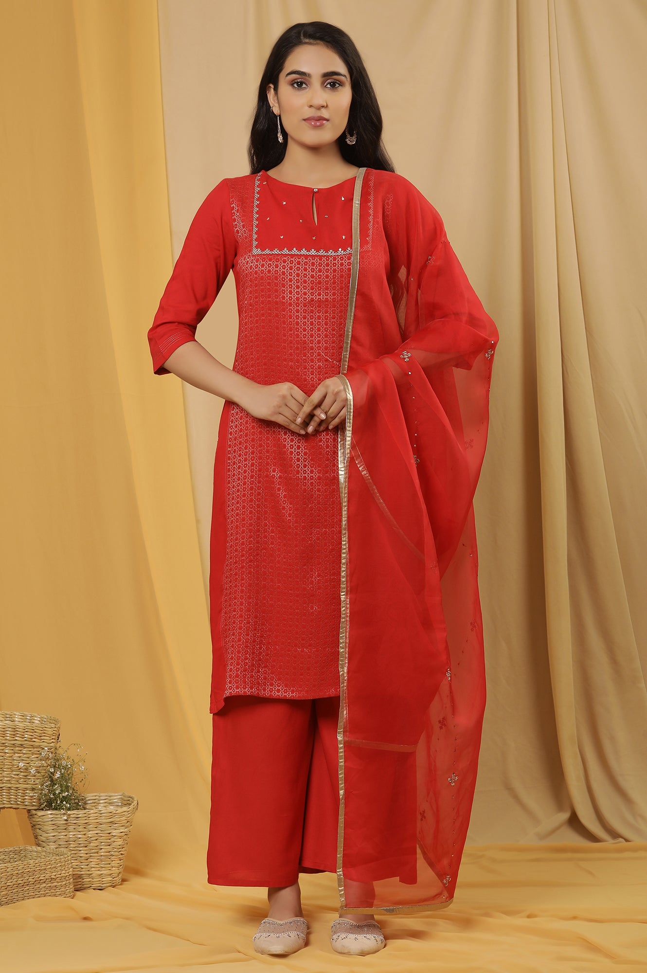 Red Dobby Embroidered Kurta, Pants And Dupatta Set