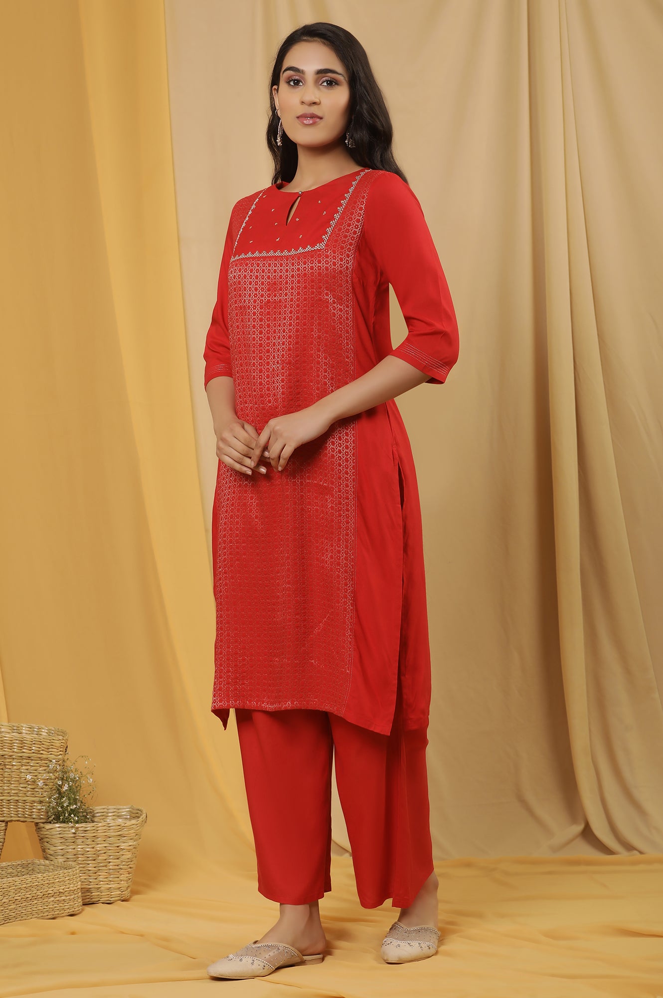 Red Dobby Embroidered Kurta, Pants And Dupatta Set