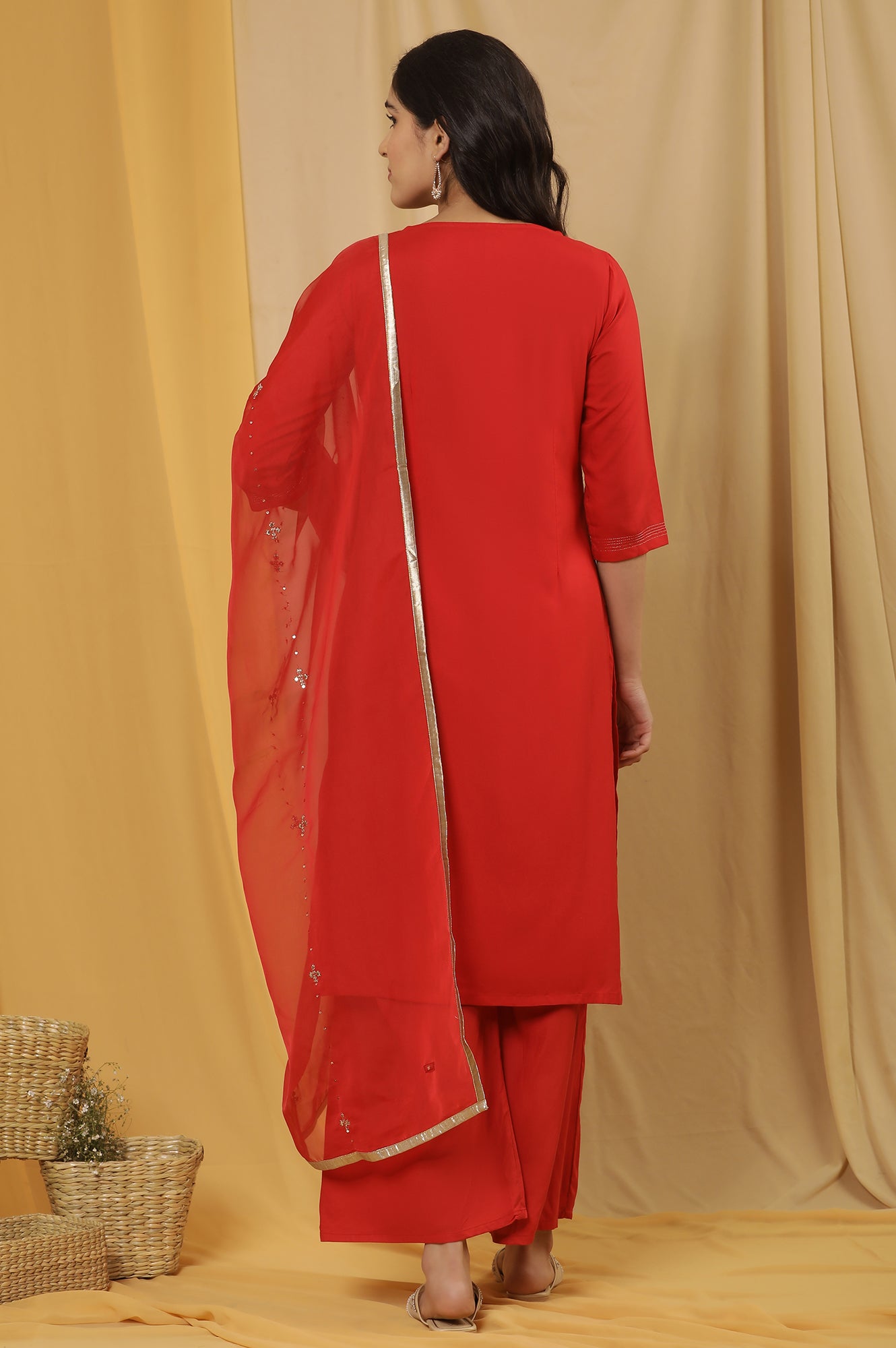 Red Dobby Embroidered Kurta, Pants And Dupatta Set