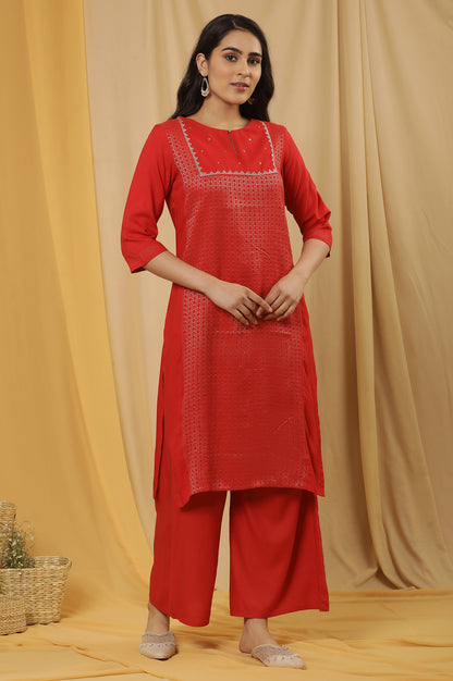 Red Dobby Embroidered Kurta, Pants And Dupatta Set