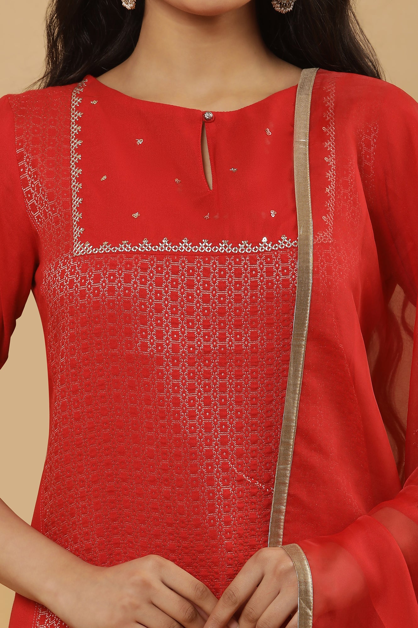 Red Dobby Embroidered Kurta, Pants And Dupatta Set