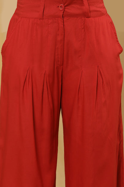 Red Dobby Embroidered Kurta, Pants And Dupatta Set