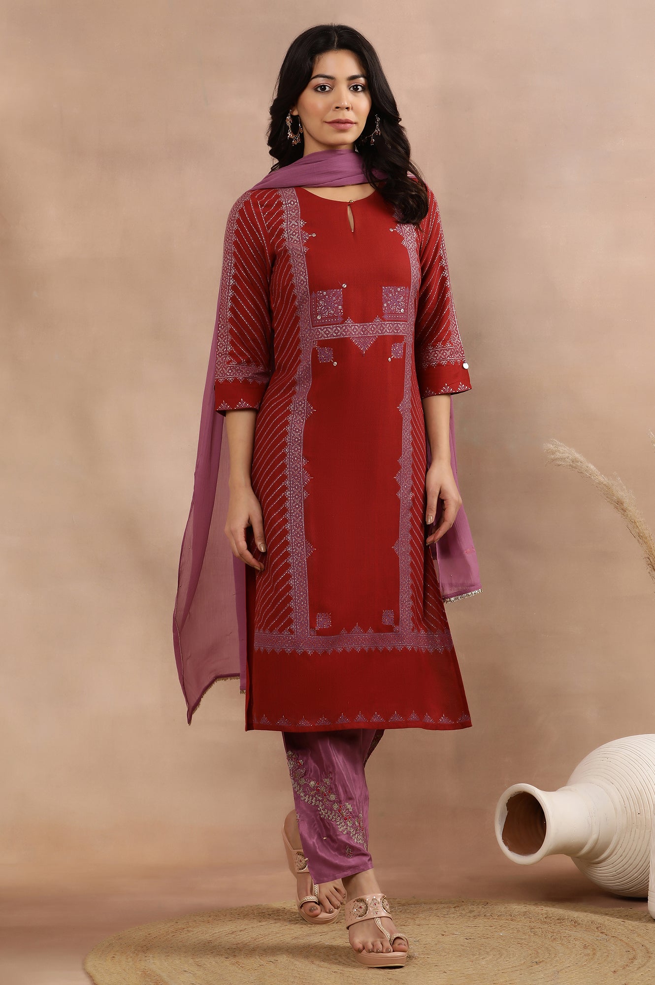 Red Embellished Kurta, Salwar And Dupatta Set