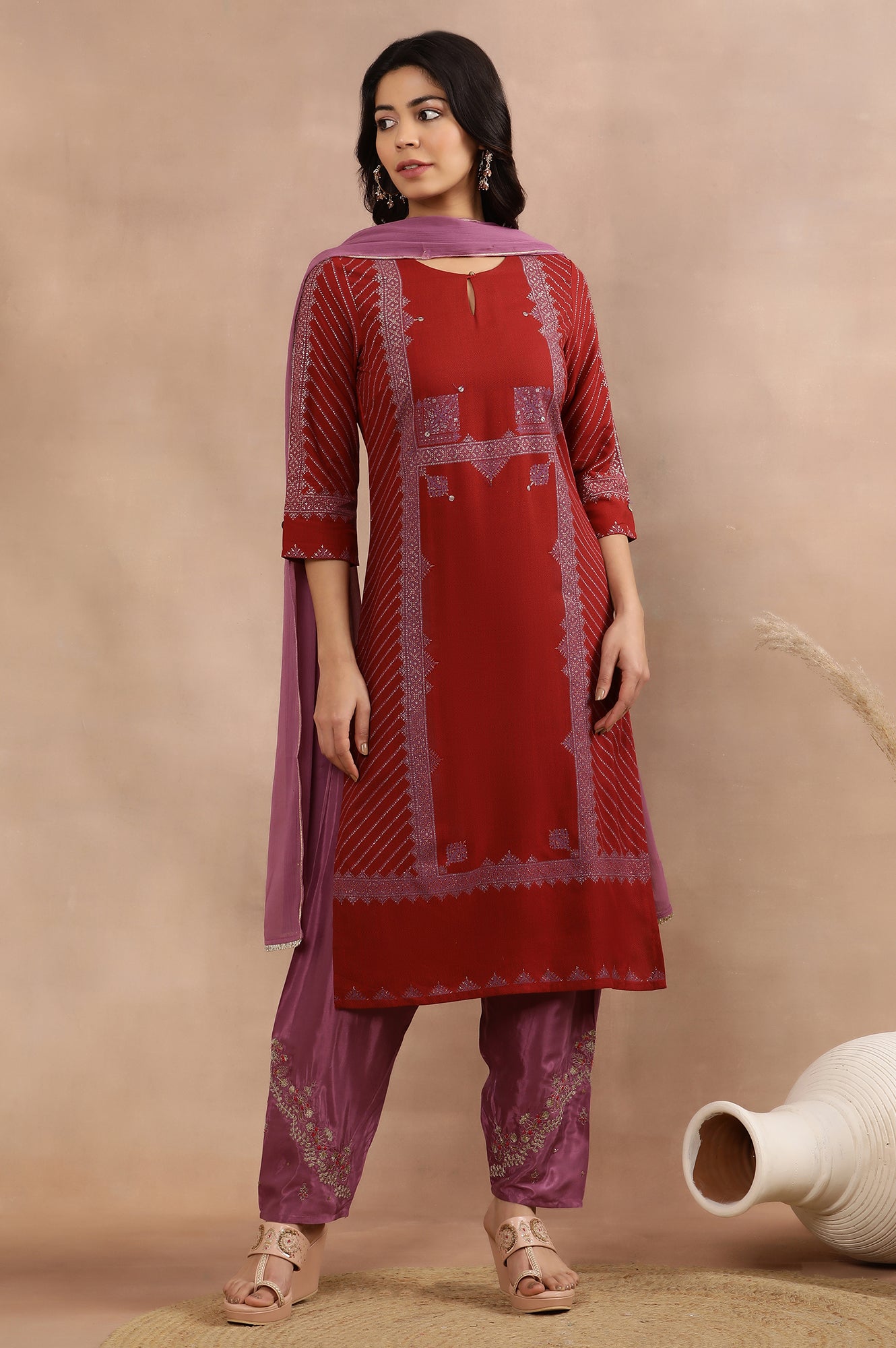 Red Embellished Kurta, Salwar And Dupatta Set