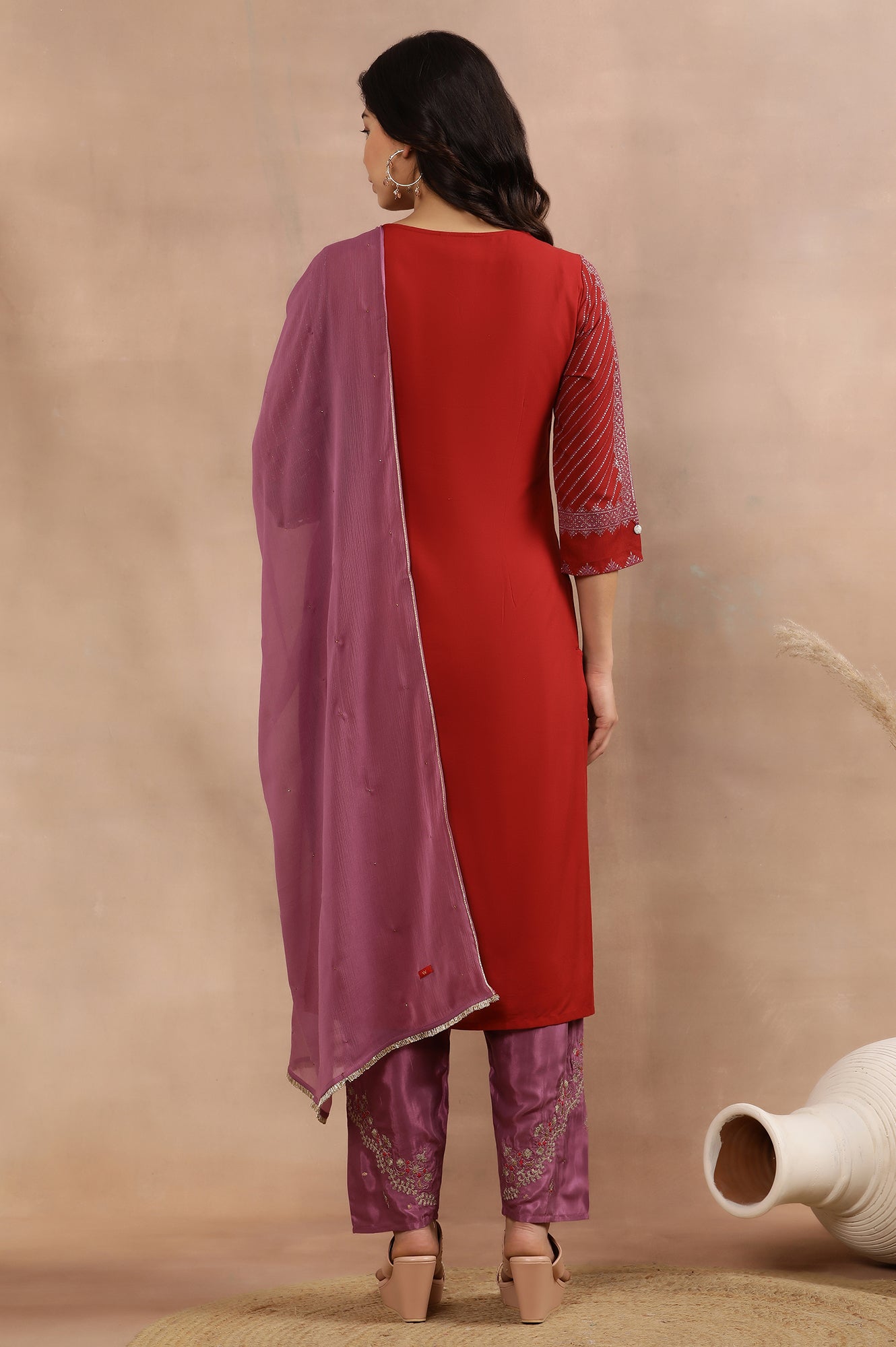 Red Embellished Kurta, Salwar And Dupatta Set