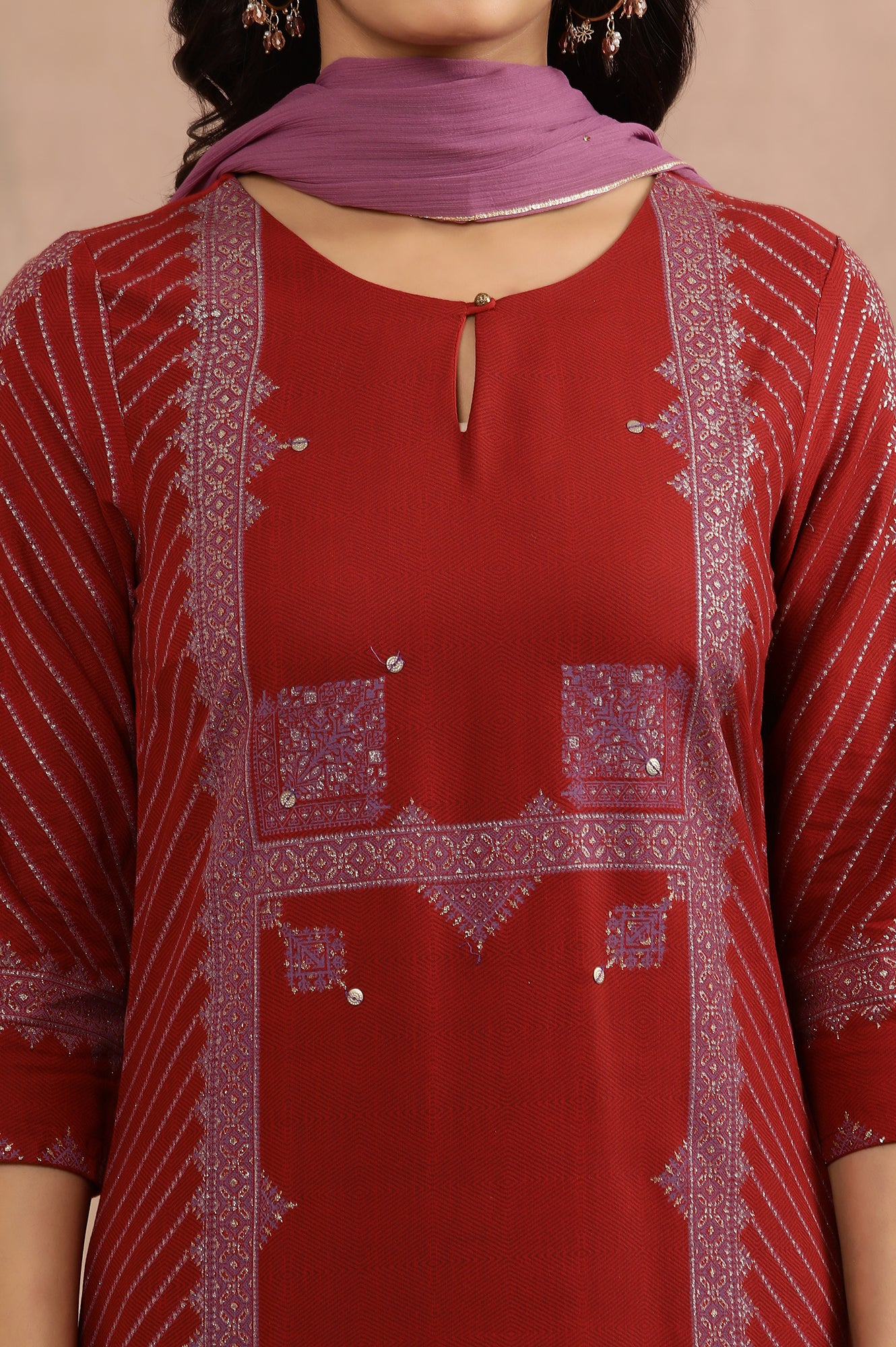 Red Embellished Kurta, Salwar And Dupatta Set