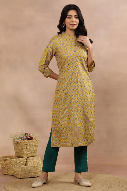 Mustard Glitter Printed Kurta And Slim Pants Set