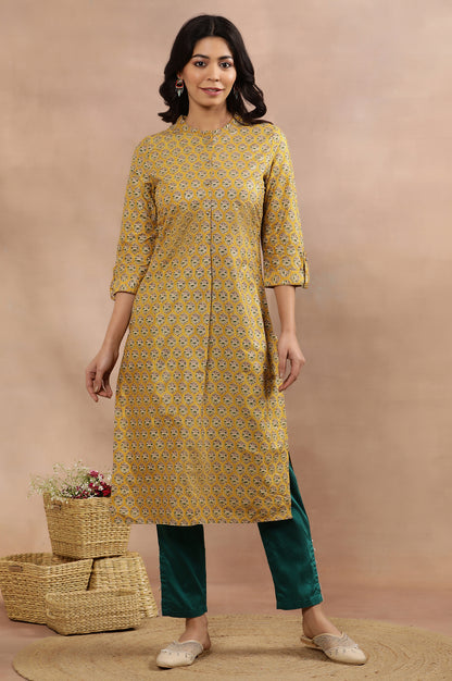 Mustard Glitter Printed Kurta And Slim Pants Set