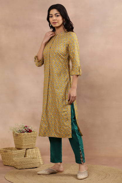 Mustard Glitter Printed Kurta And Slim Pants Set