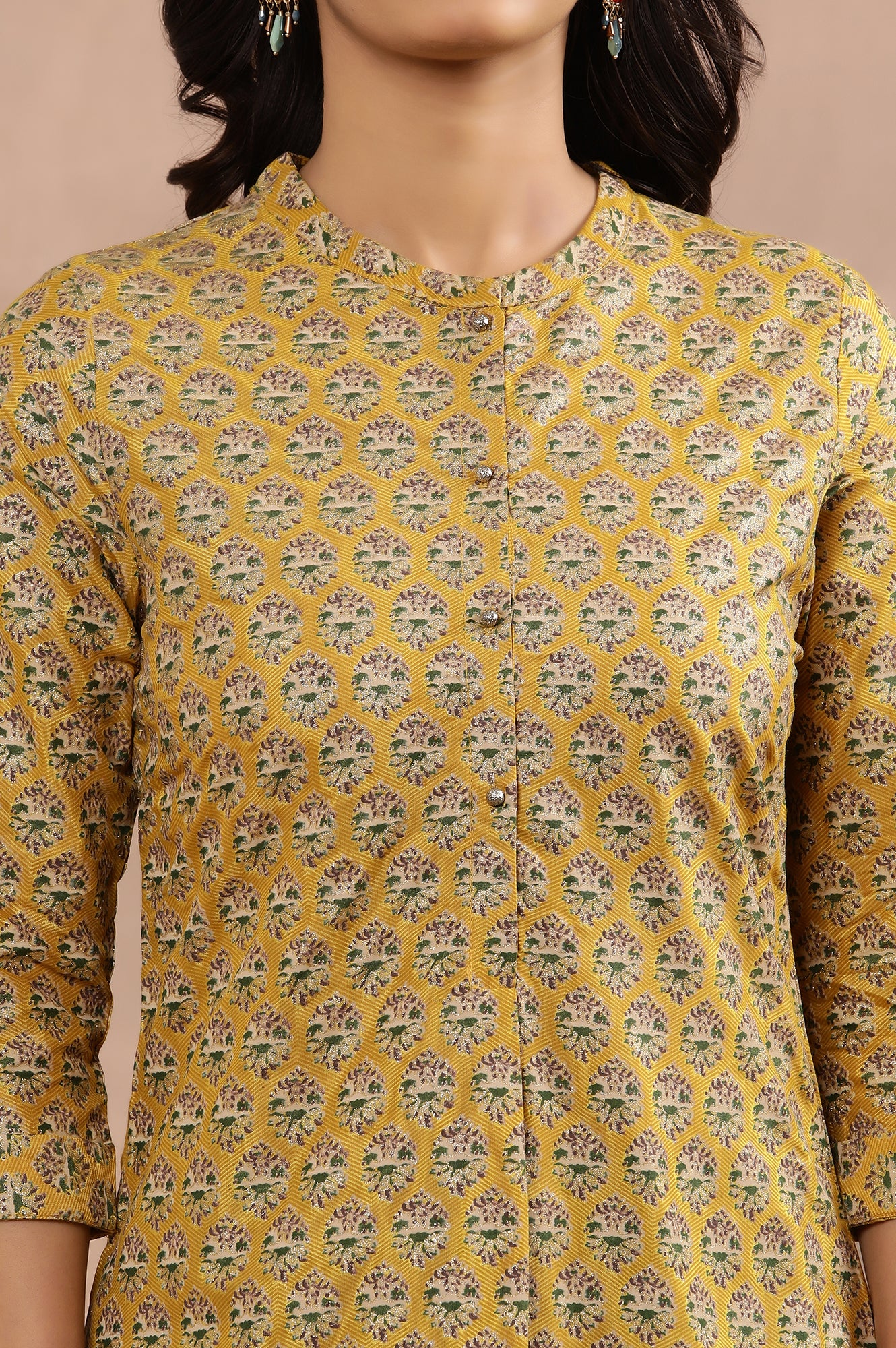 Mustard Glitter Printed Kurta And Slim Pants Set