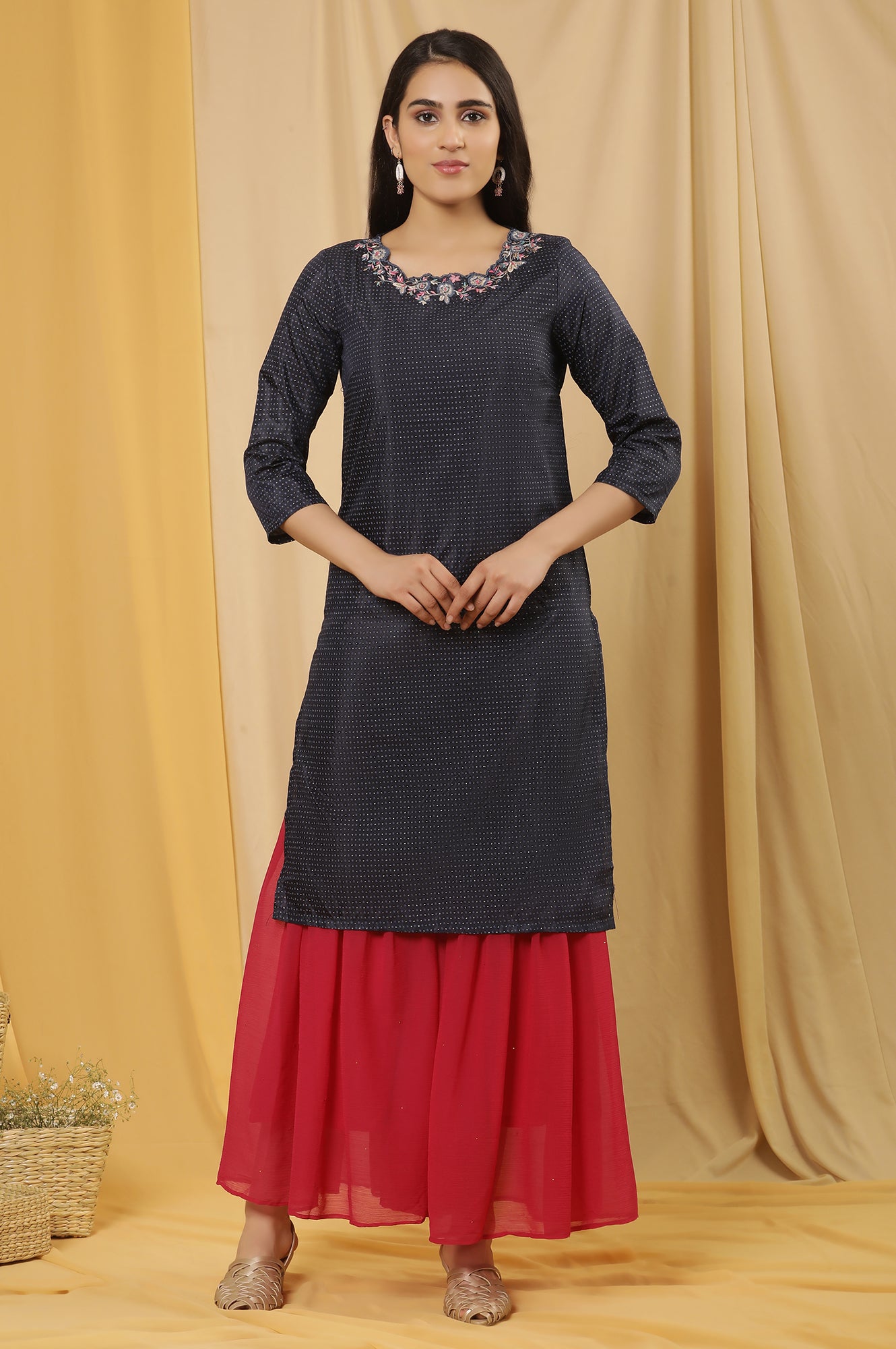 Blue Embroidered Kurta And Sharara Set