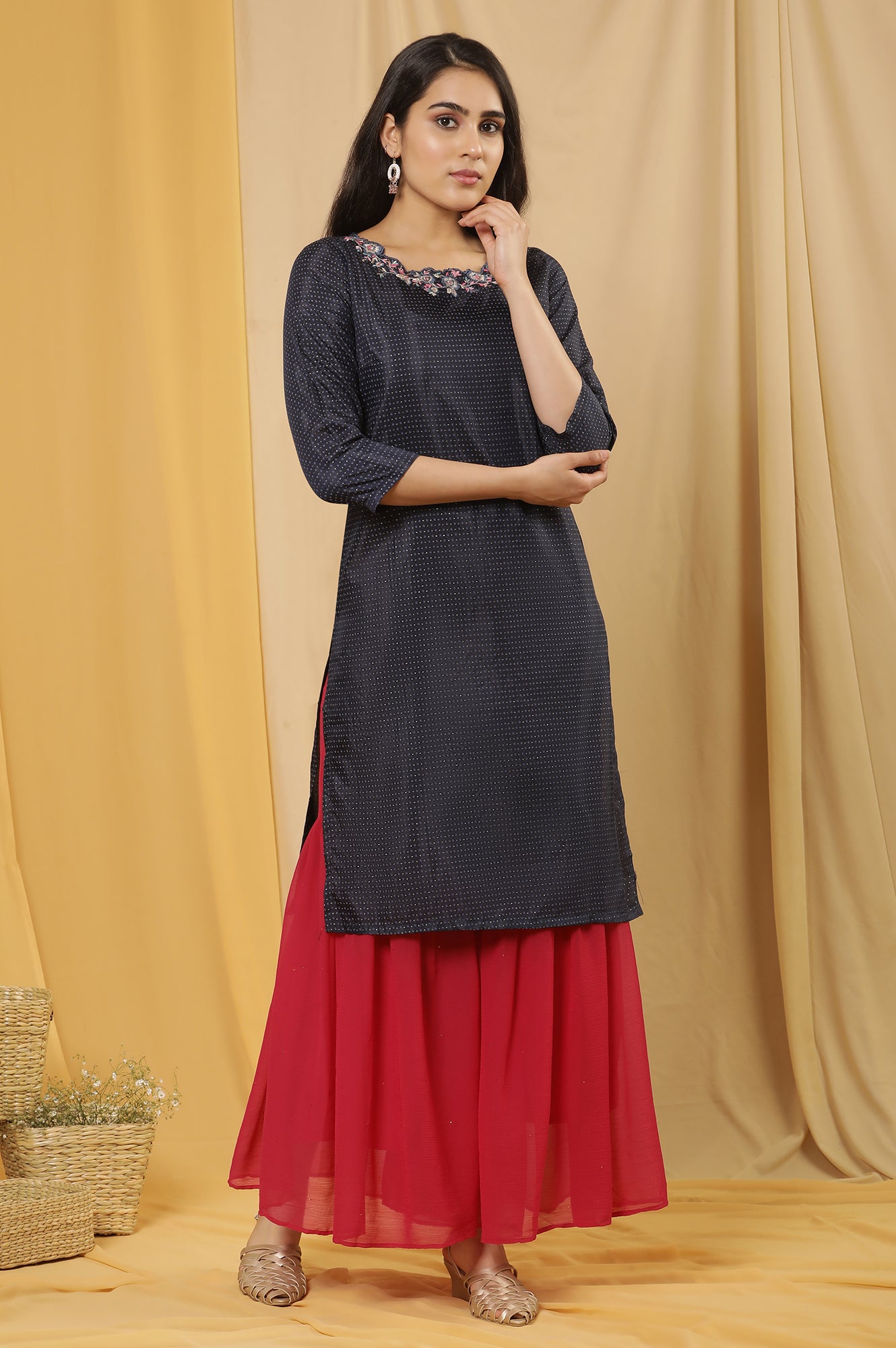 Blue Embroidered Kurta And Sharara Set