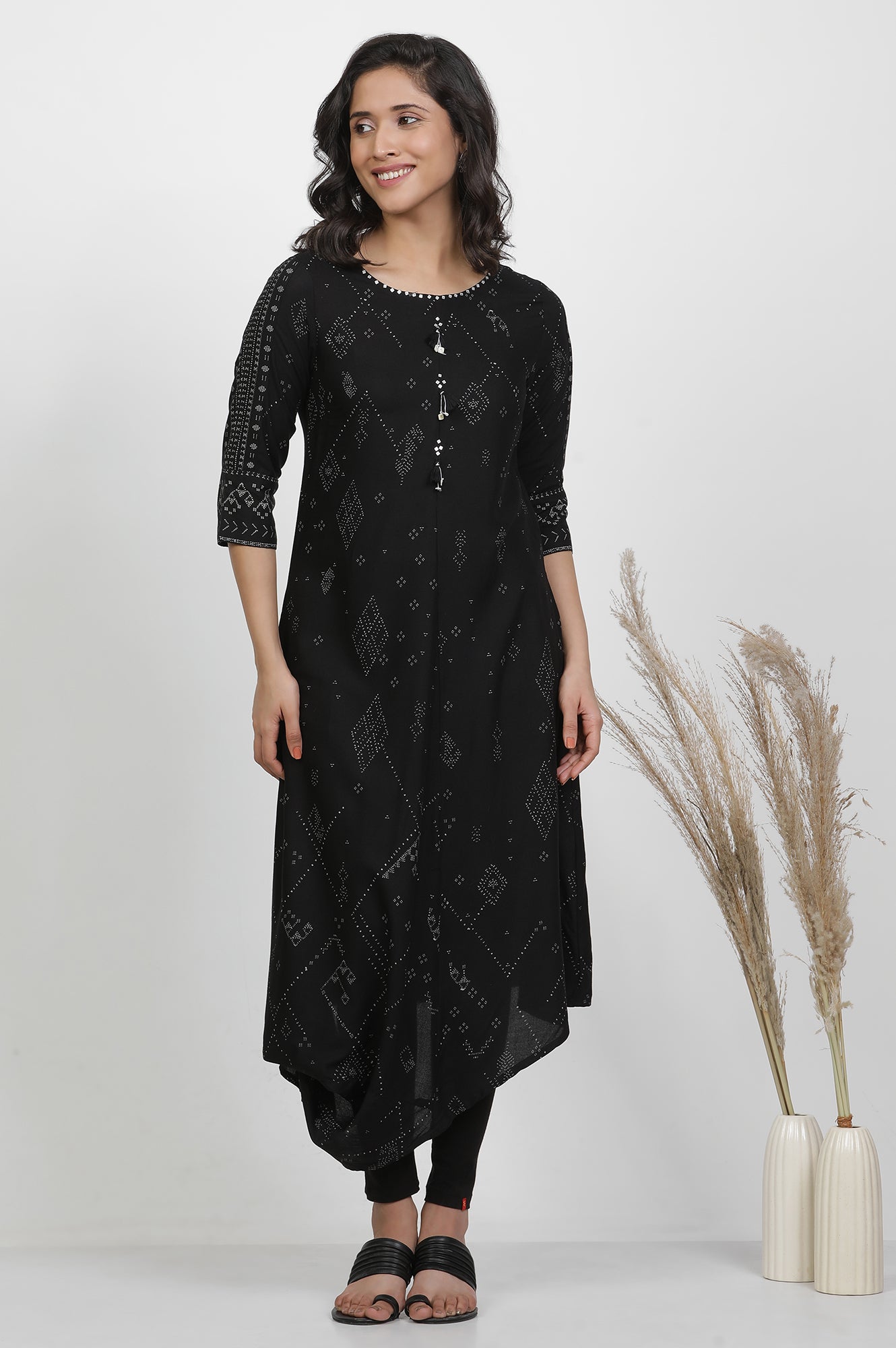 Black Printed Kurta With Cowl Hemline And Tights Set