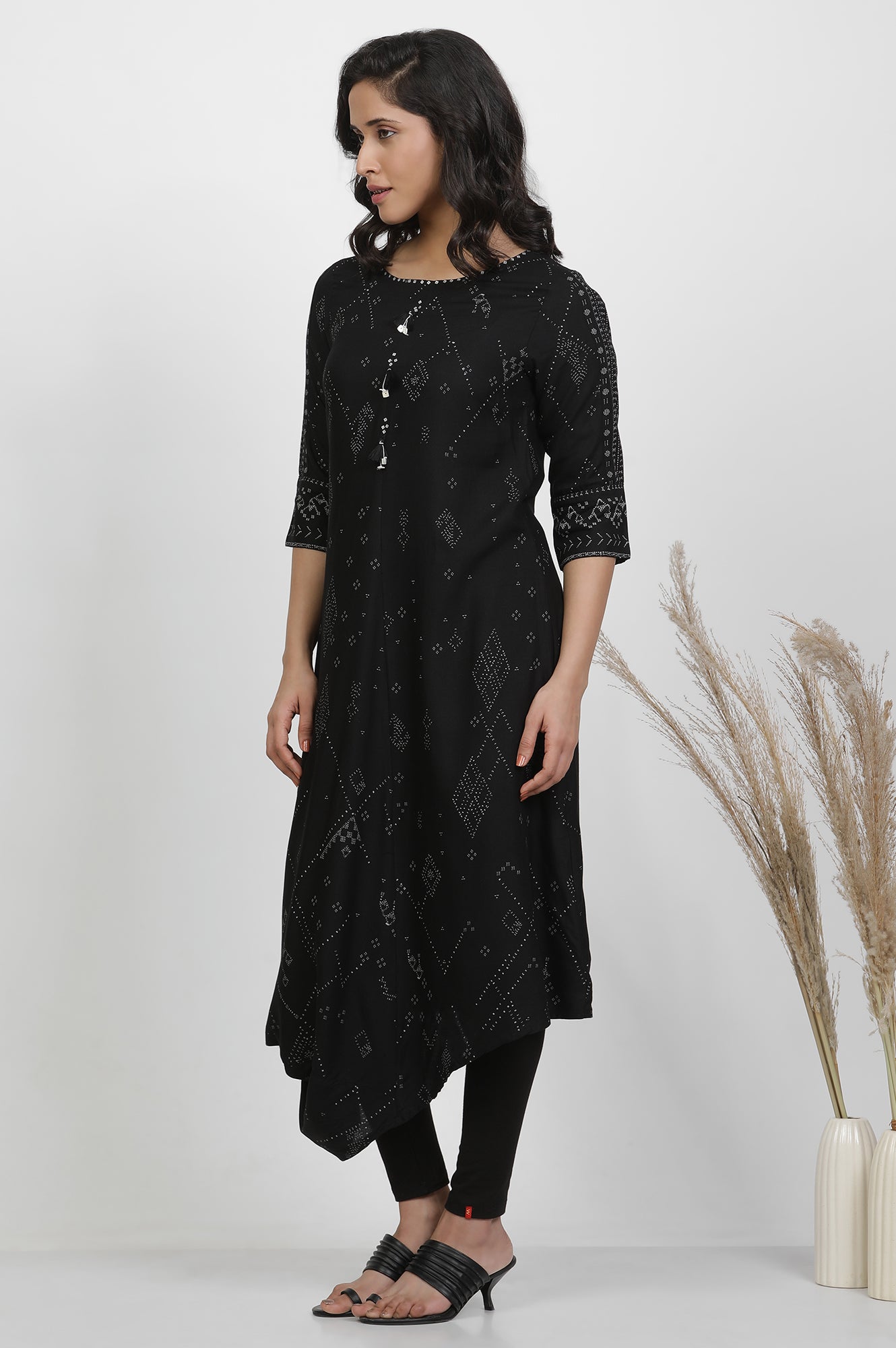 Black Printed Kurta With Cowl Hemline And Tights Set