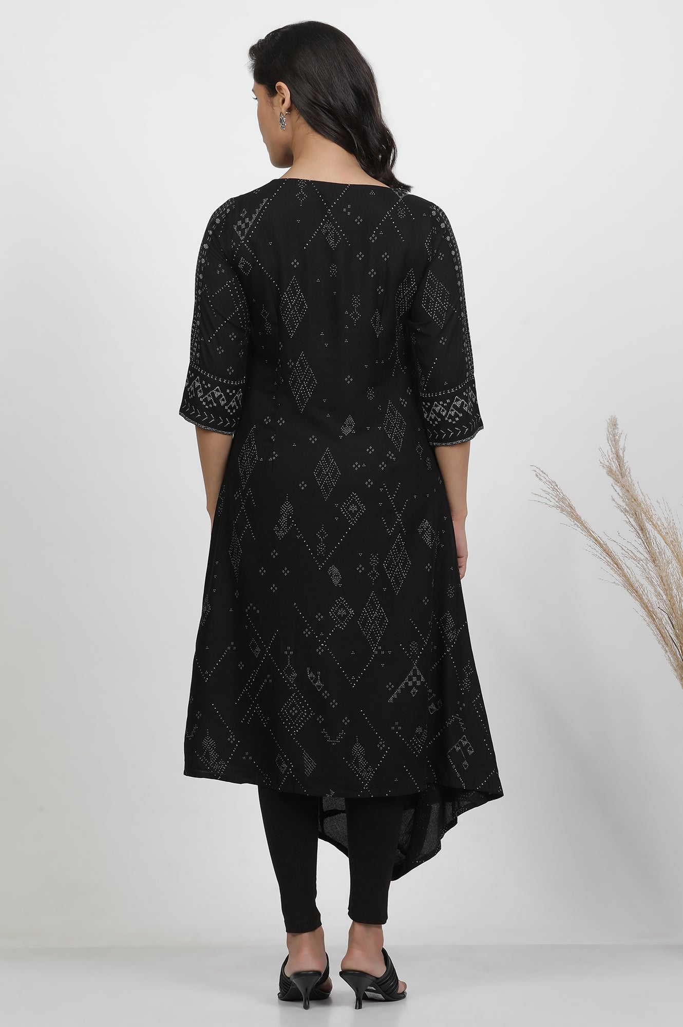 Black Printed Kurta With Cowl Hemline And Tights Set