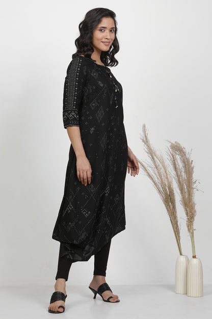 Black Printed Kurta With Cowl Hemline And Tights Set