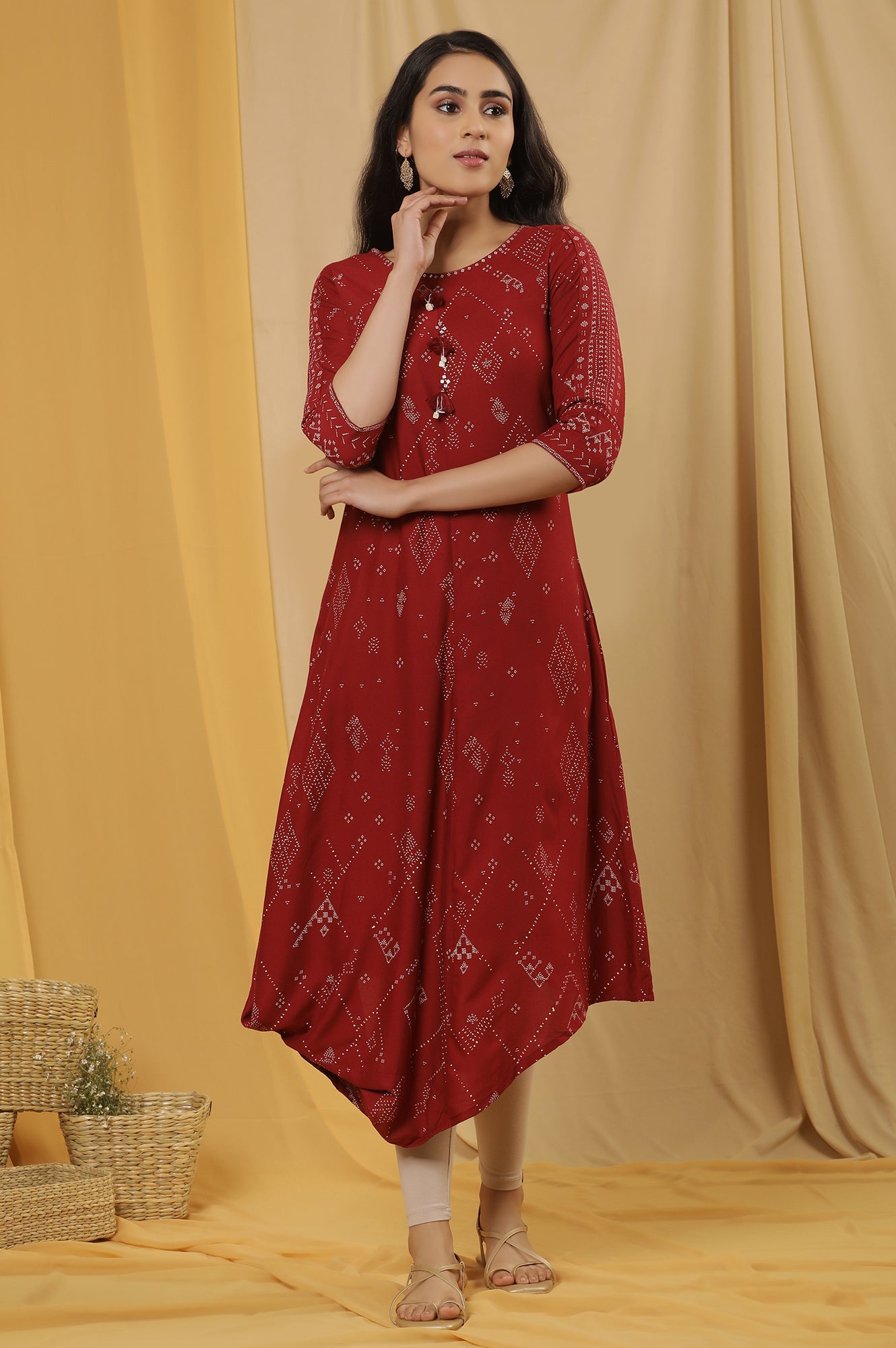 Maroon Cowl Hemline Printed Kurta And Tights Set