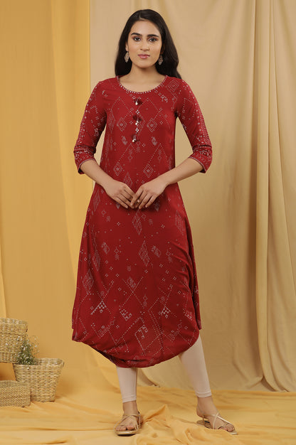 Maroon Cowl Hemline Printed Kurta And Tights Set