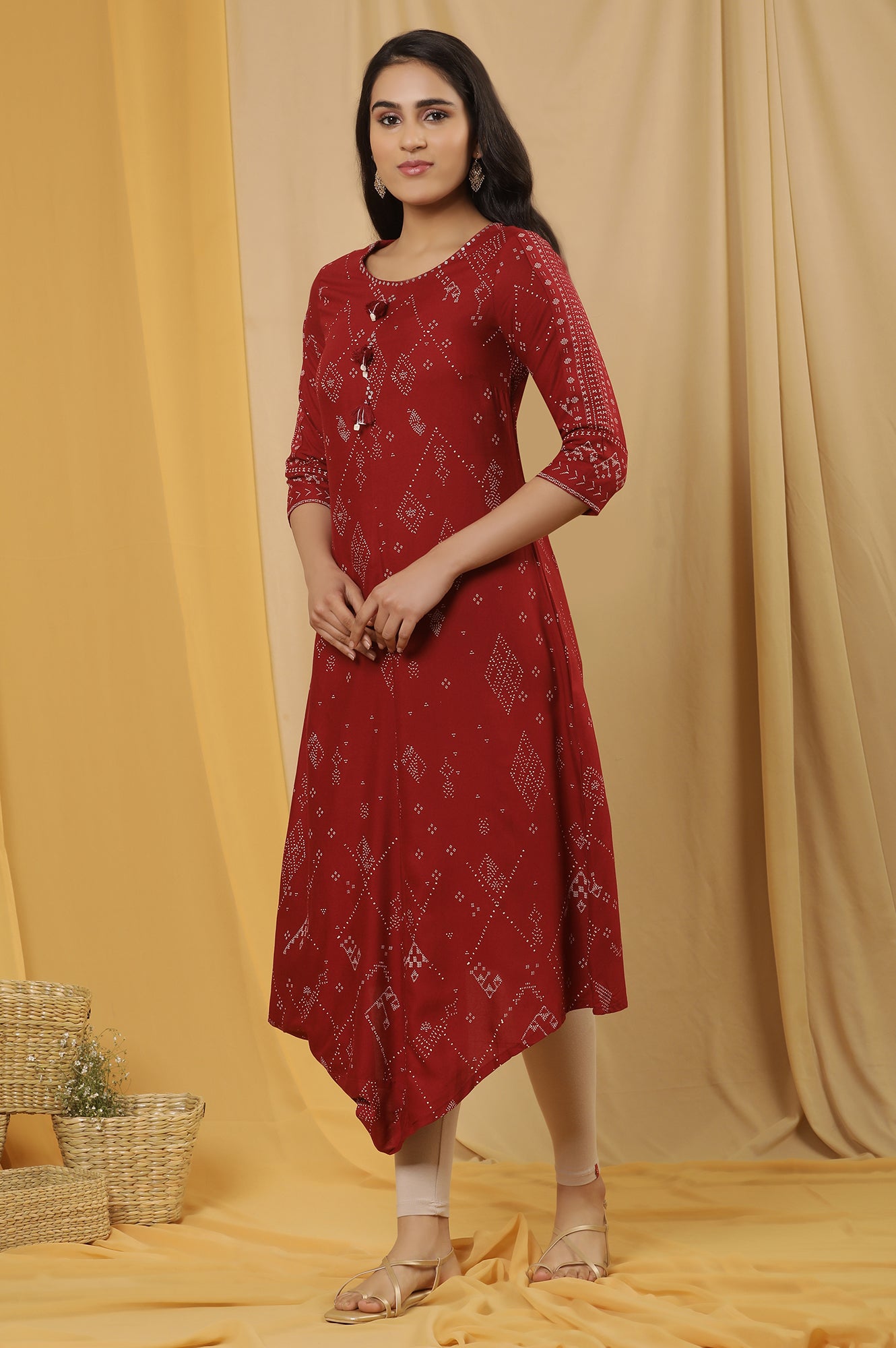 Maroon Cowl Hemline Printed Kurta And Tights Set