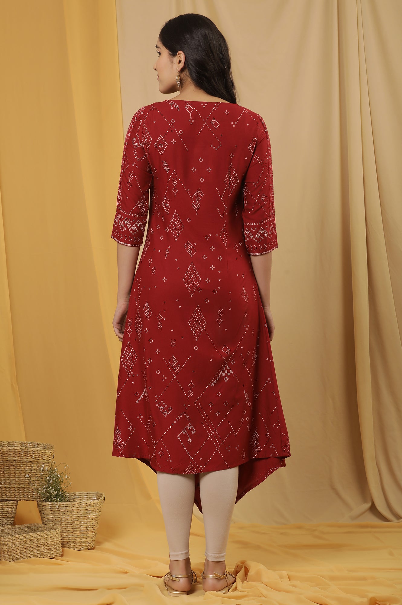 Maroon Cowl Hemline Printed Kurta And Tights Set