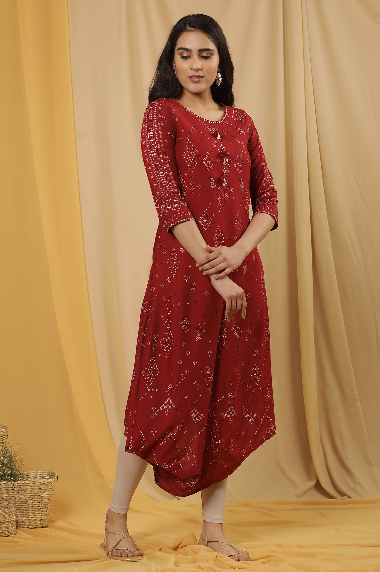 Maroon Cowl Hemline Printed Kurta And Tights Set