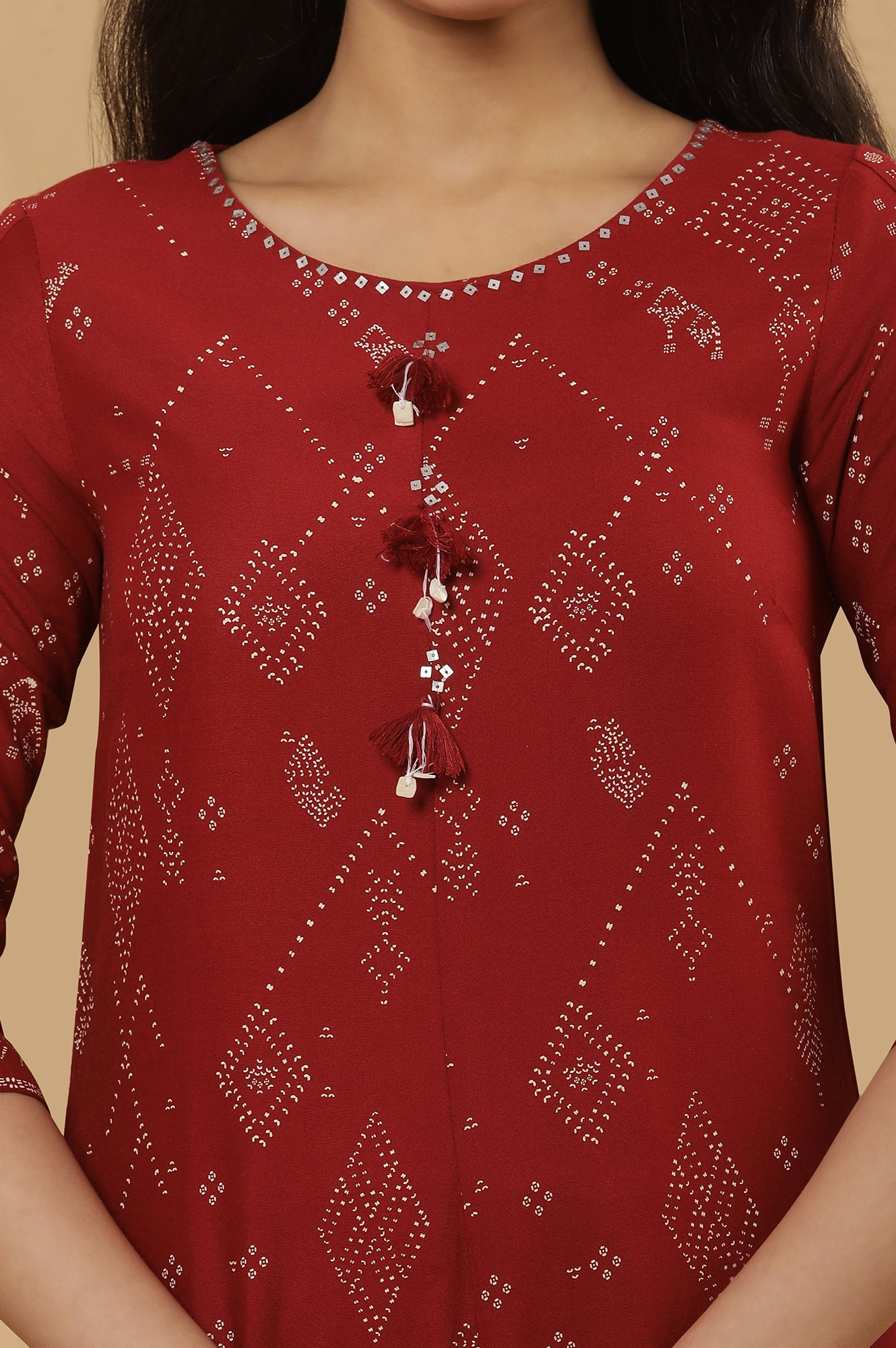 Maroon Cowl Hemline Printed Kurta And Tights Set