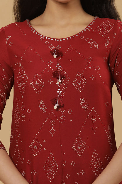 Maroon Cowl Hemline Printed Kurta And Tights Set