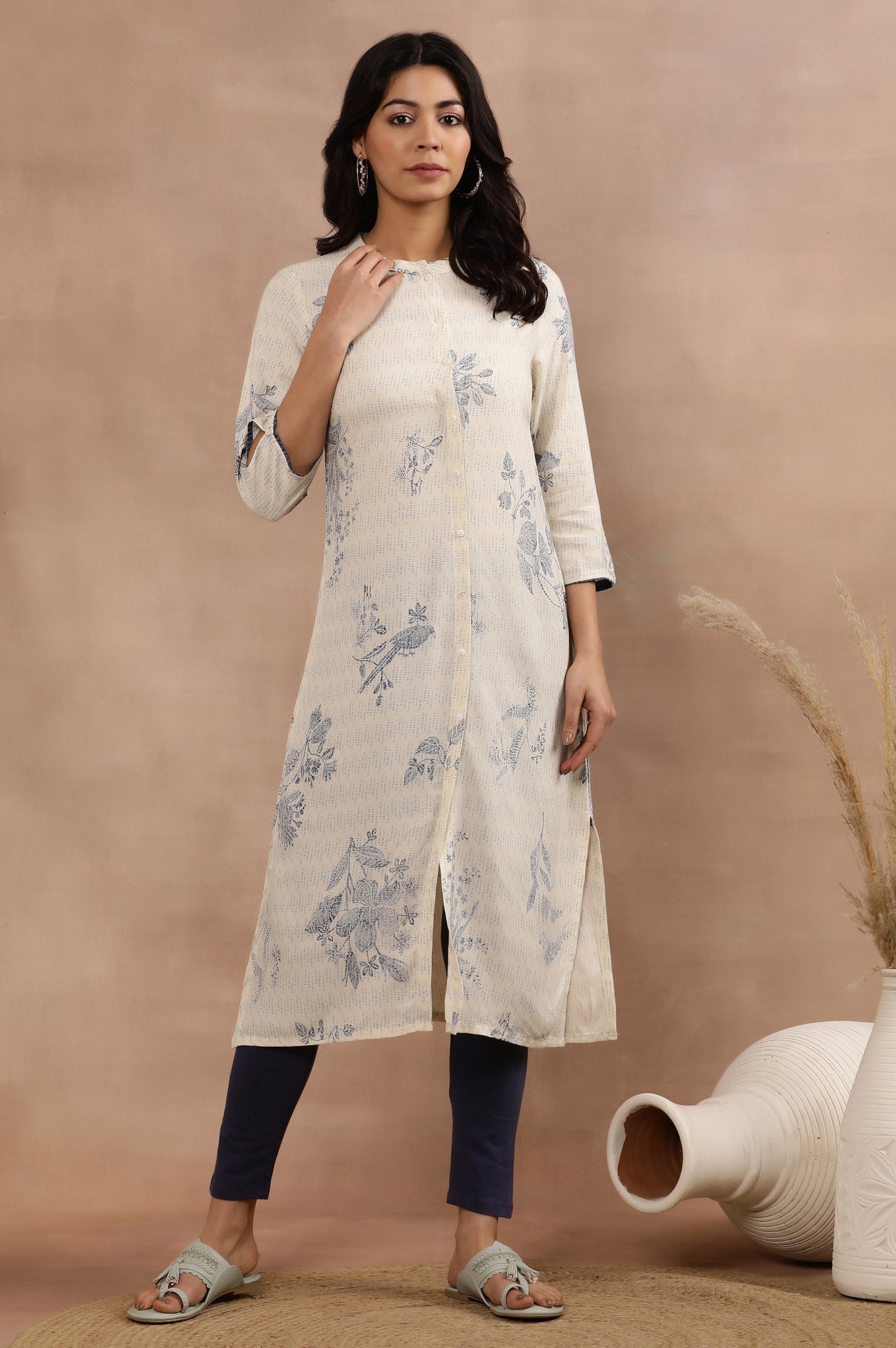 White Floral Printed Kurta And Tights Set