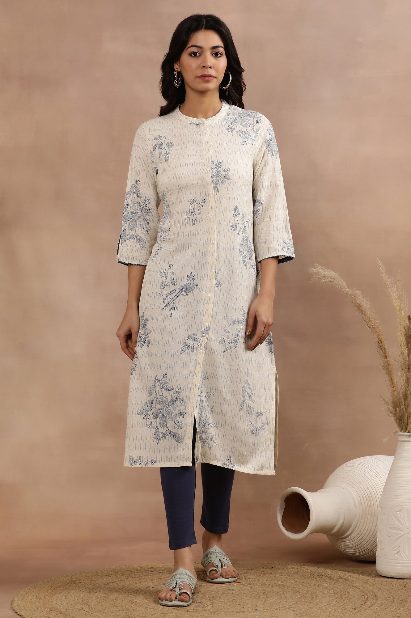 White Floral Printed Kurta And Tights Set