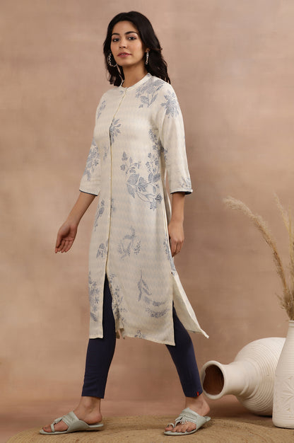 White Floral Printed Kurta And Tights Set