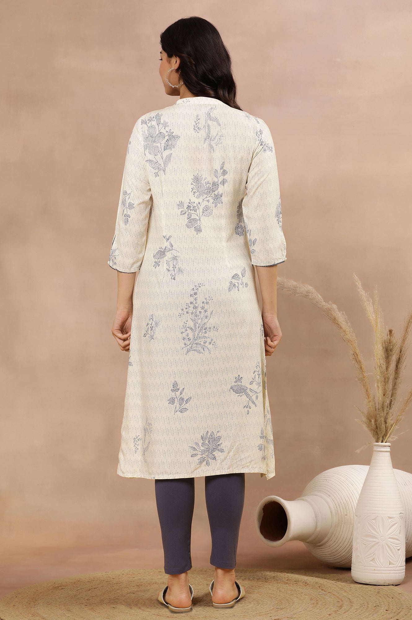 White Floral Printed Kurta And Tights Set