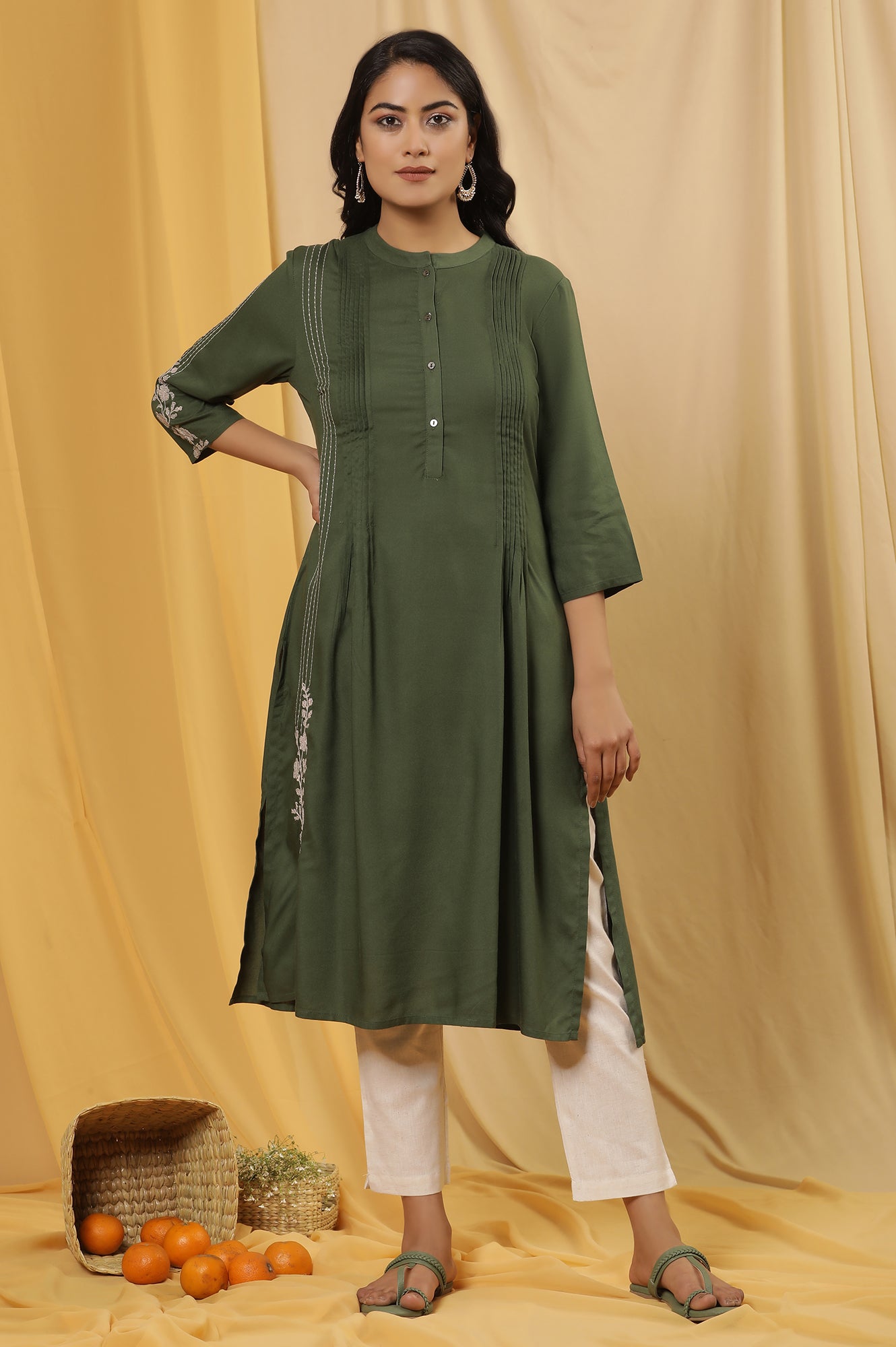 Olive Green Embroidered Kurta And Pants Set