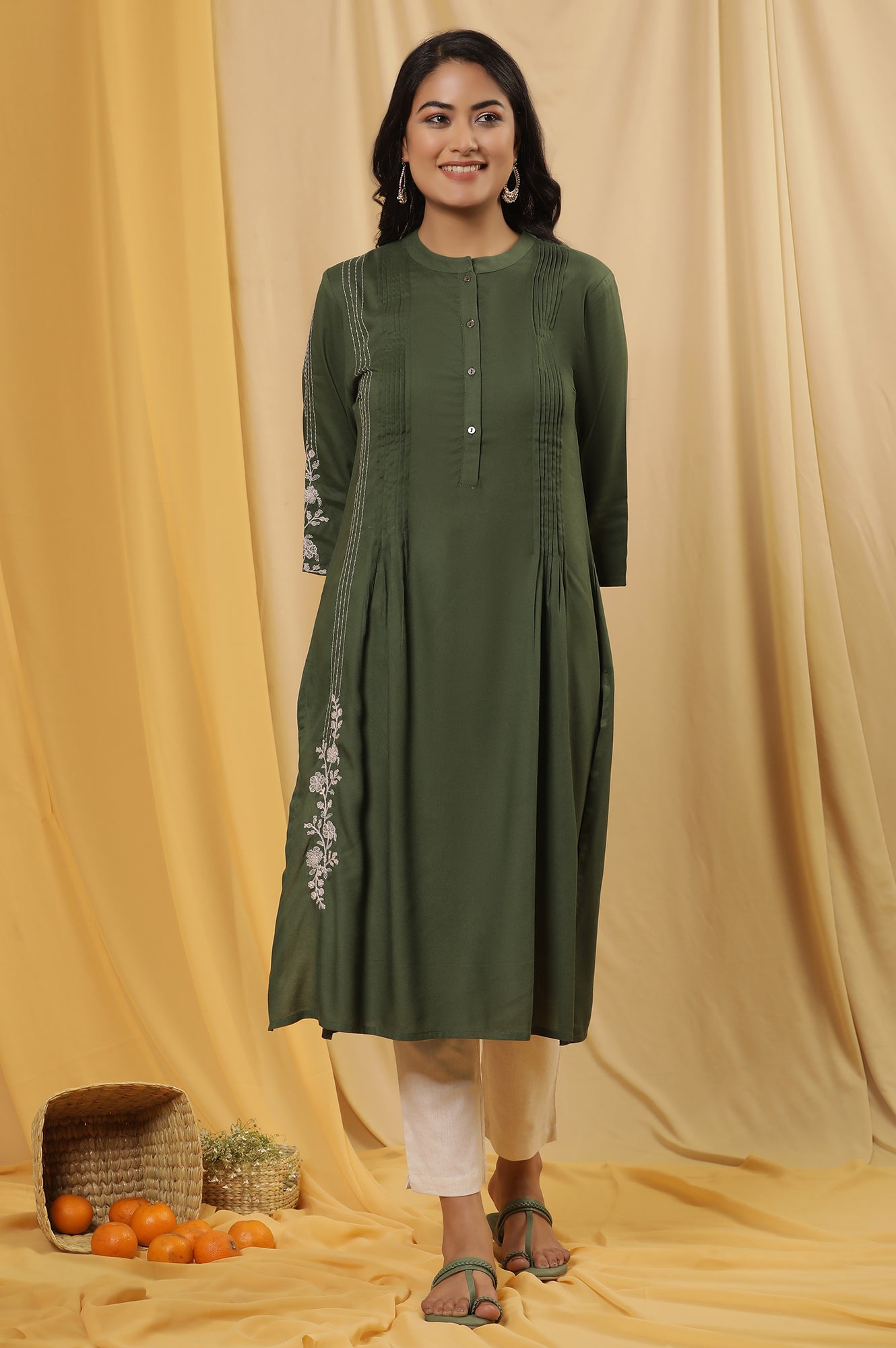 Olive Green Embroidered Kurta And Pants Set